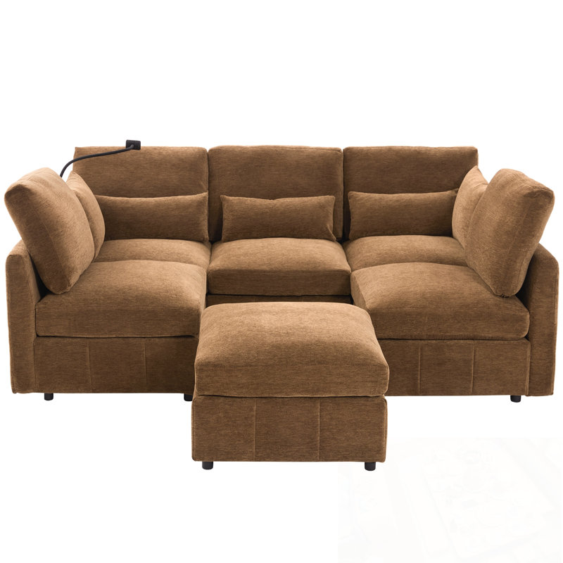 U-Shaped Sectional Sofa With Movable Ottoman, Two USB Ports And A Phone Holder, Brown Chenille