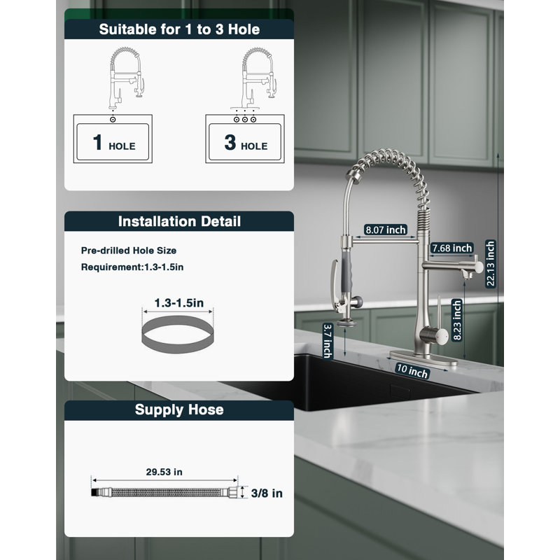 Commercial Pull Down Kitchen Sink Faucet With Sprayer Modern Kitchen Faucet Single Handle Brass Taps, Brushed Nickel
