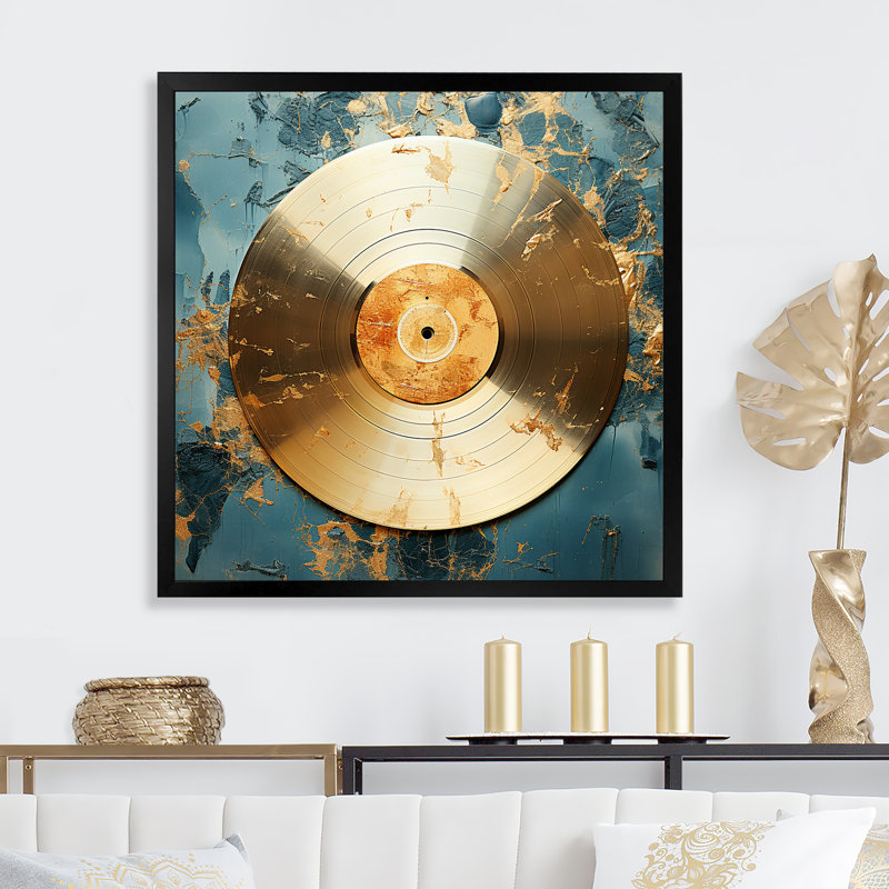 Disque vinyle doré et vert Melody I - Vinyle, art mural, Cadre simple noir, H 36 po x l 36 po x P 1,5 po