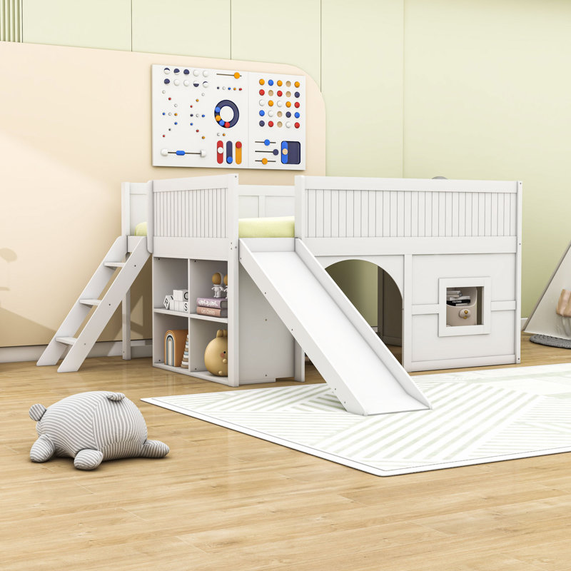 Wood Low Loft Bed with Slide and Storage Shelves, White