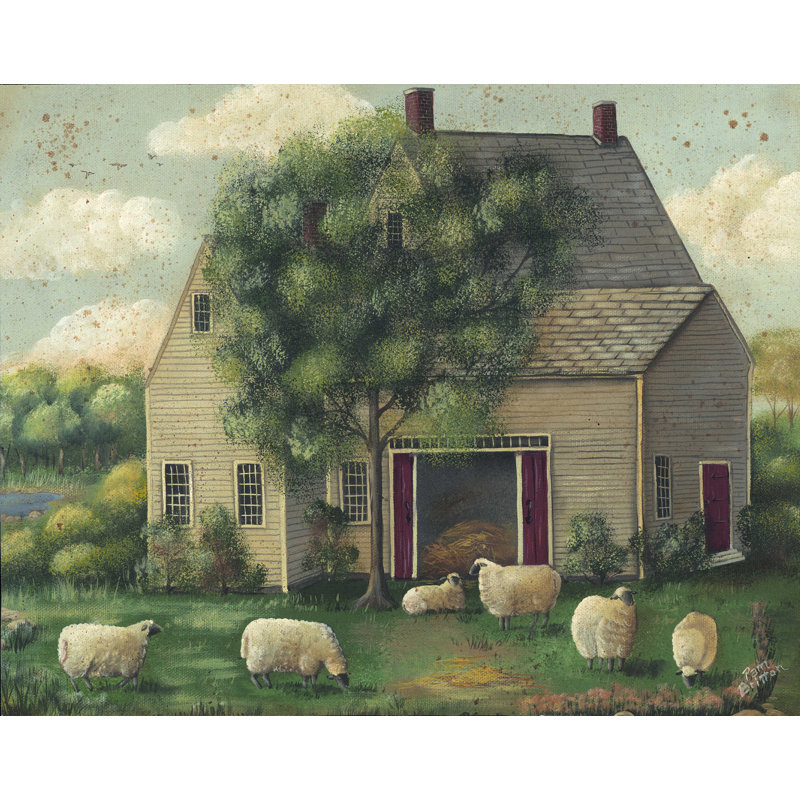 «Sheep and House» par Pam Britton - reproduction d'art sur toile tendue, H 30 po x l 40 po