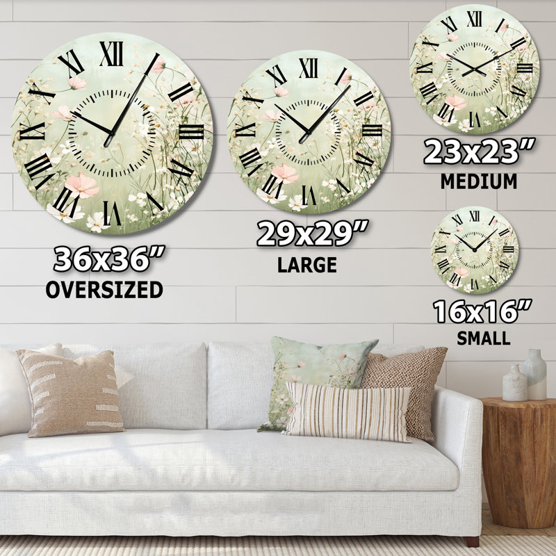 Soft Meadow Blooming Daisies - Horloge murale ronde silencieuse en métal Cottage, Surdimensionné
