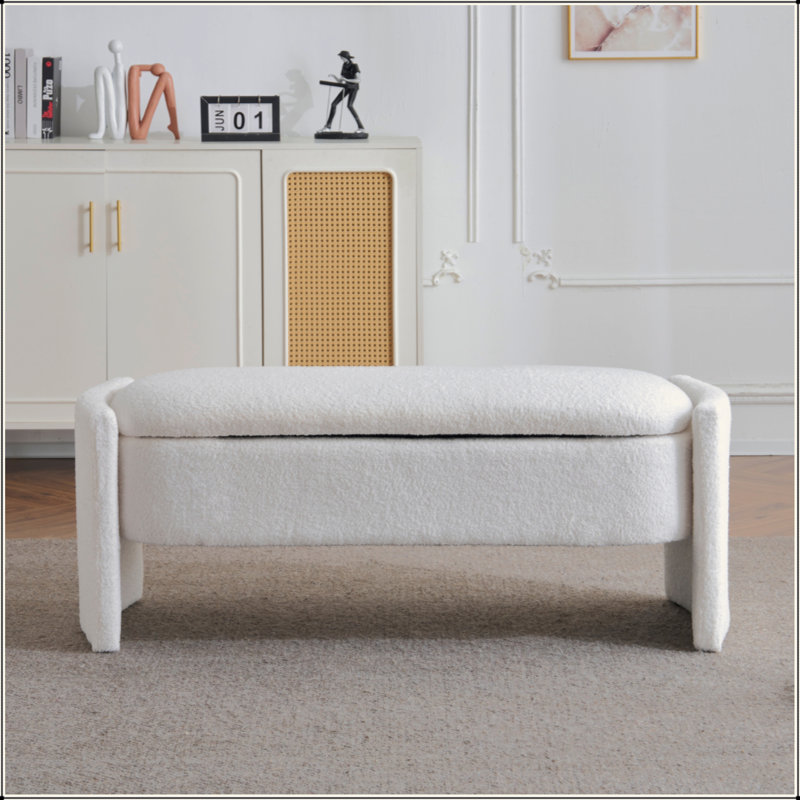 Elegant Long - Shaped Storage Ottoman Bench Of Boucle Material With Simple And Grand Design, White