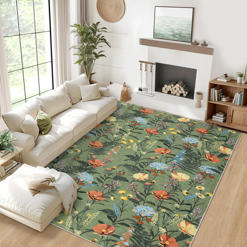 Modern Rug for Living Room Large Floral Printed Floor Carpet, Easy Cleaning Stain-Resistant Contemporary Indoor Mat for Bedroom, Office, Green