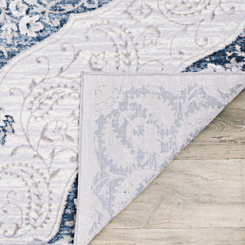 Tapis blanc/bleu zone oriental Karmane, Rectangle 9 pi 10 po x 13 pi 2 po