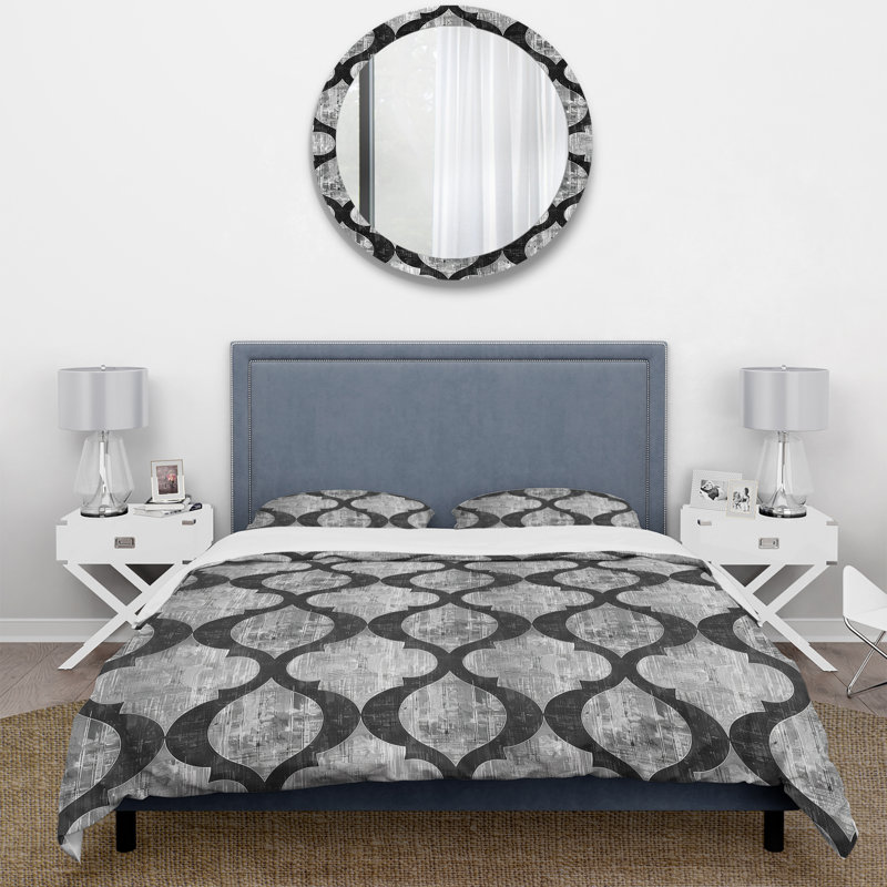 Ensemble de housse de couette noir gris quadrilobe Elegance - Mid-Century, Housse de couette très grand + 2 taies décorativ