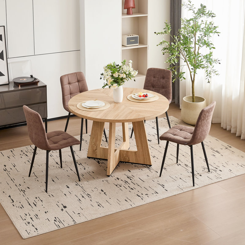 5 Piece 47'' Round Dining Table Set for 4, Farmhouse Kitchen Table with 4 Velvet/Corduroy Modern Dinning Room Chairs for Home, Apartment
