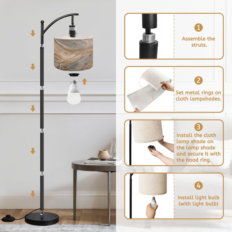  Arc Floor Lamp White marble curly grey gold veins Abstract texture 2D Tall Modern Standing Lamp LED Adjustable Linen Lampshade 3 Color Temperatures