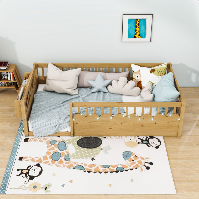 Wood Montessori Floor Bed With Light And Guardrails, Natural, Twin