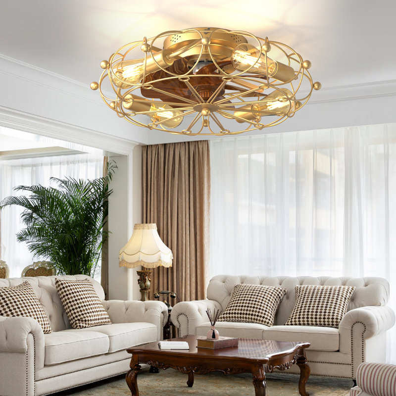  20" Flush Mount Caged Ceiling Fan With Light Kit And Remote, Reversible 6-Speed Motor, Gold