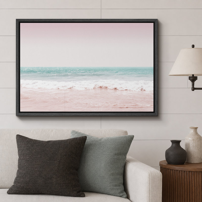 Plage côtière, rose, bleu sarcelle, vagues de l'océan, nature, paysage, illustrations, moderne, rustique, Cadre flottant noir