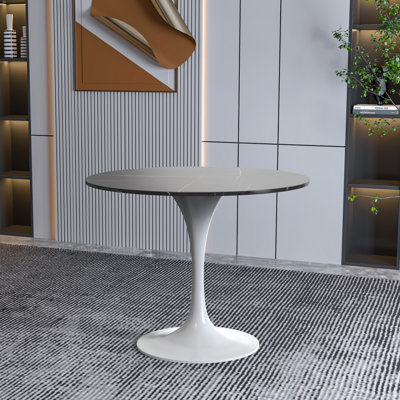 Heatherton 36" Round Dining Table with Sintered Stone Top and White Steel Pedestal Base Kitchen Table Seats 2-4 Person by George Oliver