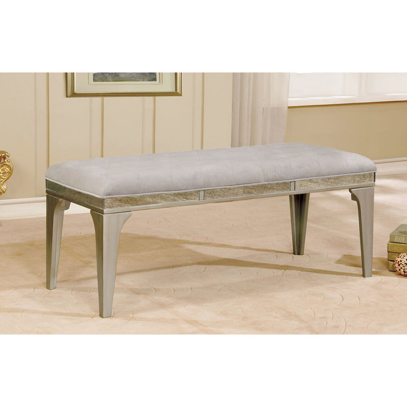 Banc 1 pièce, style transitionnel, siège capitonné, gris argenté, coussin en flanelle, salle à manger, bois massif