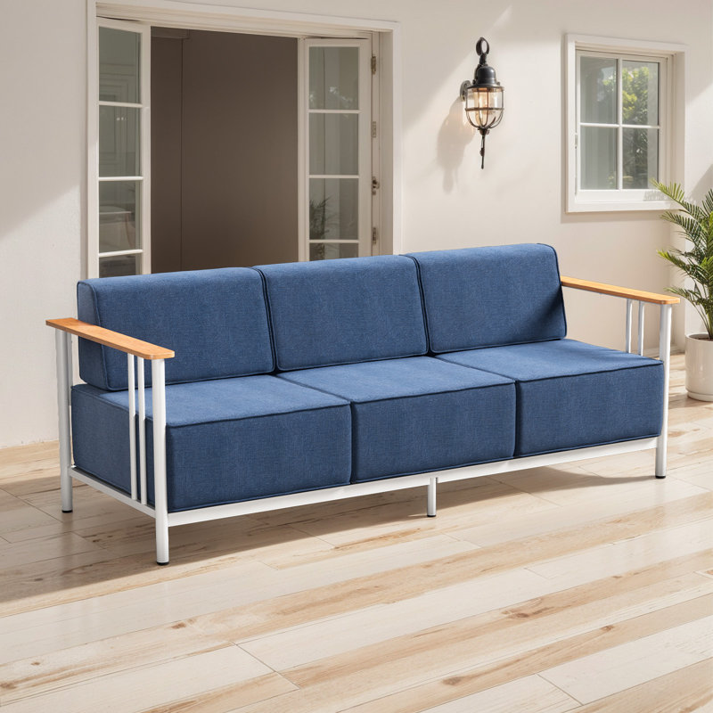 Canapé d'extérieur en acier thermolaqué de 79,1 po de largeur Coan Archlebov, Coussin bleu / cadre blanc