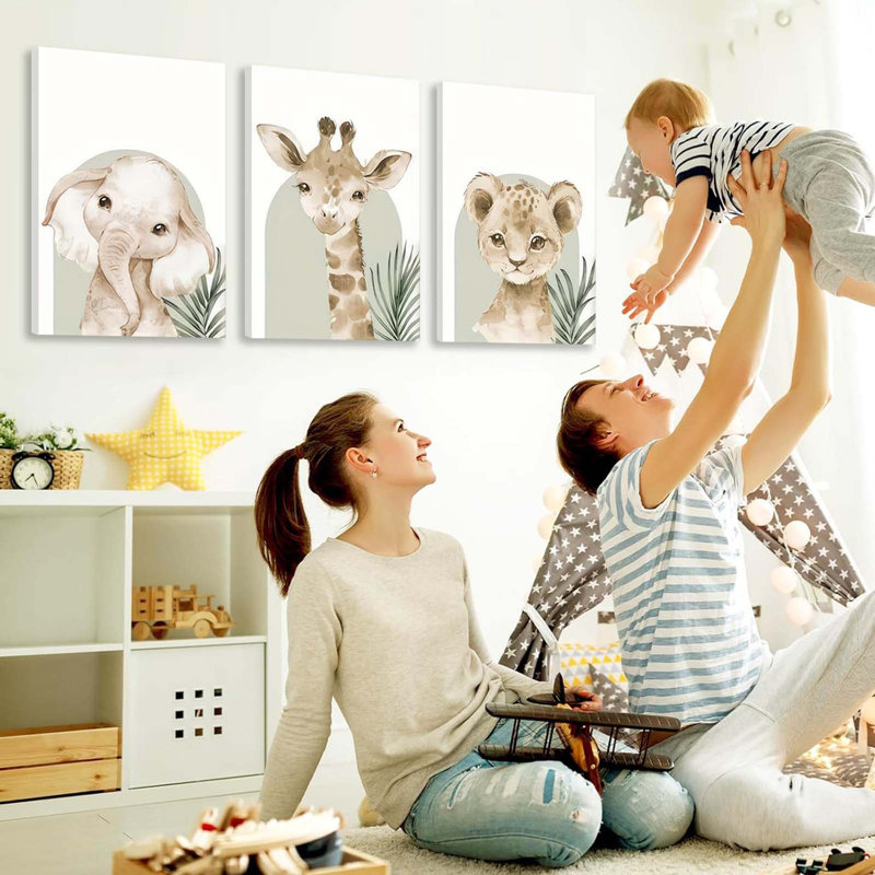 Nursery Canvas Wall Art Set Of 3 Baby Kids Room Picture Wall Decor Jungle Safari Lion Elephant Giraffe Poster Painting Cute Animal Prints For Children Toddlers Bedroom Framed