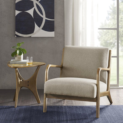Fauteuil lounge luxueux en bois massif, coussin en mousse, fauteuil taupe polyvalent, structure souple et élégante