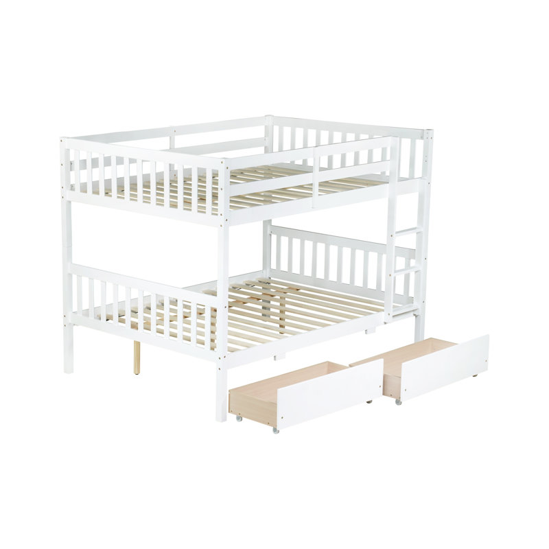 Lit superposé double en bois d'hévéa avec 2 tiroirs - blanc, conception convertible, inclus blanc fabriqué en bois détachable, garde-corps