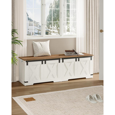 59" Storage Chest, Extra Large Storage Trunk with 2 Safety Hinges, Farmhouse Wooden Box Bench, Lift-Top Organizer Chest, Entryway Trunk for Bedroom, Living Room, White and Brown