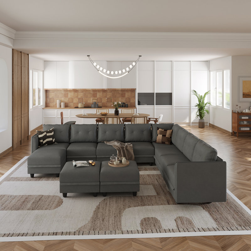 Edorta Upholstered U-Shaped Sectional, Gray Polyester
