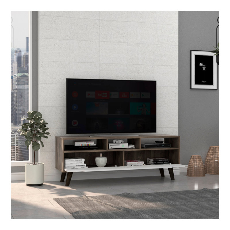 Meuble télé Oslo pour téléviseur 51 po, deux tiroirs, quatre pieds et trois tablettes ouvertes - brun foncé / blanc