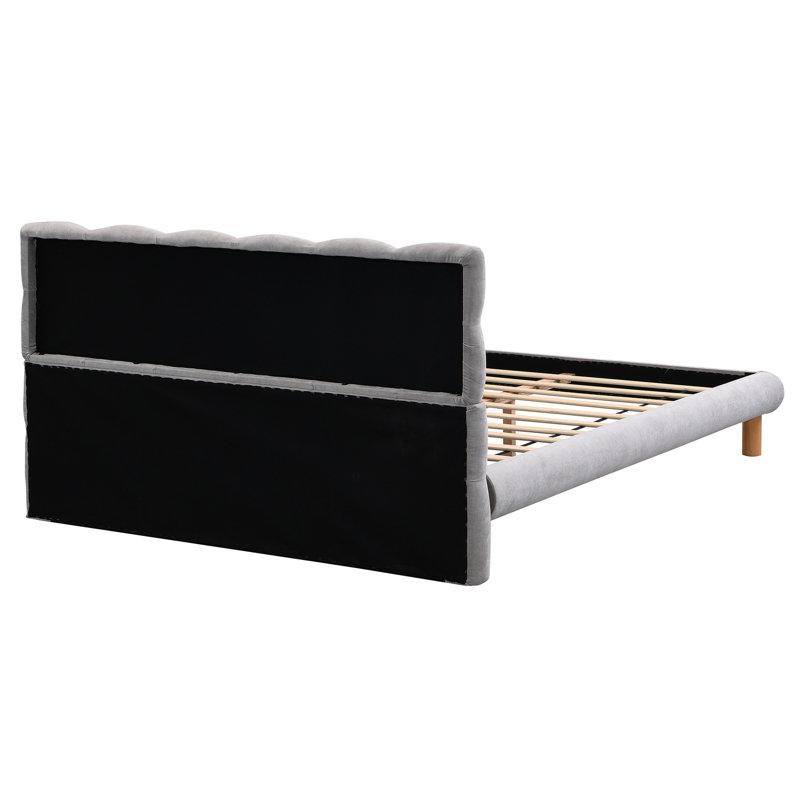 Lit double confortable gris avec tête de lit et structure en forme de biscuit, revêtement en chenille, pieds en bois d'hévéa stables pour 12 nuits reposantes