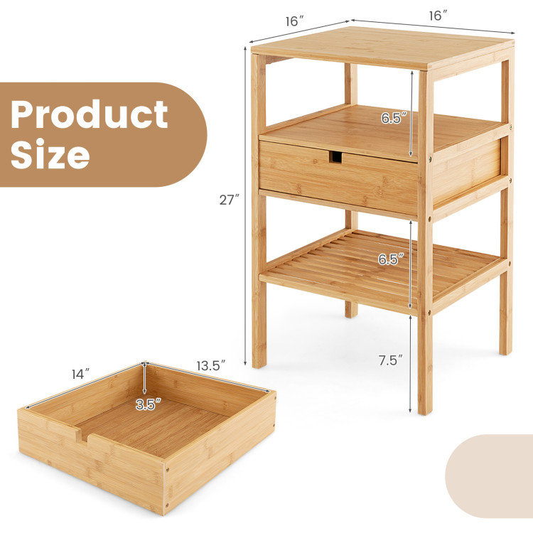 Nightstand Bamboo End Table with 2 Open Shelves and Drawer