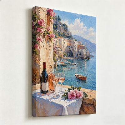 Romantic Mediterranean Coastal Terrace Wine and Flowers Painting on Canvas