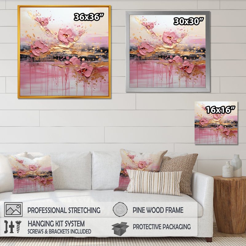 Art moderne sur toile, or et rose, Cadre flottant noir, 36" H x 36" W