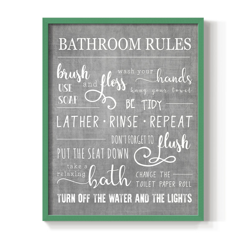 Neutral Bathroom Rules Framed Print - Solid Wood, 30" H x 24" W, Green