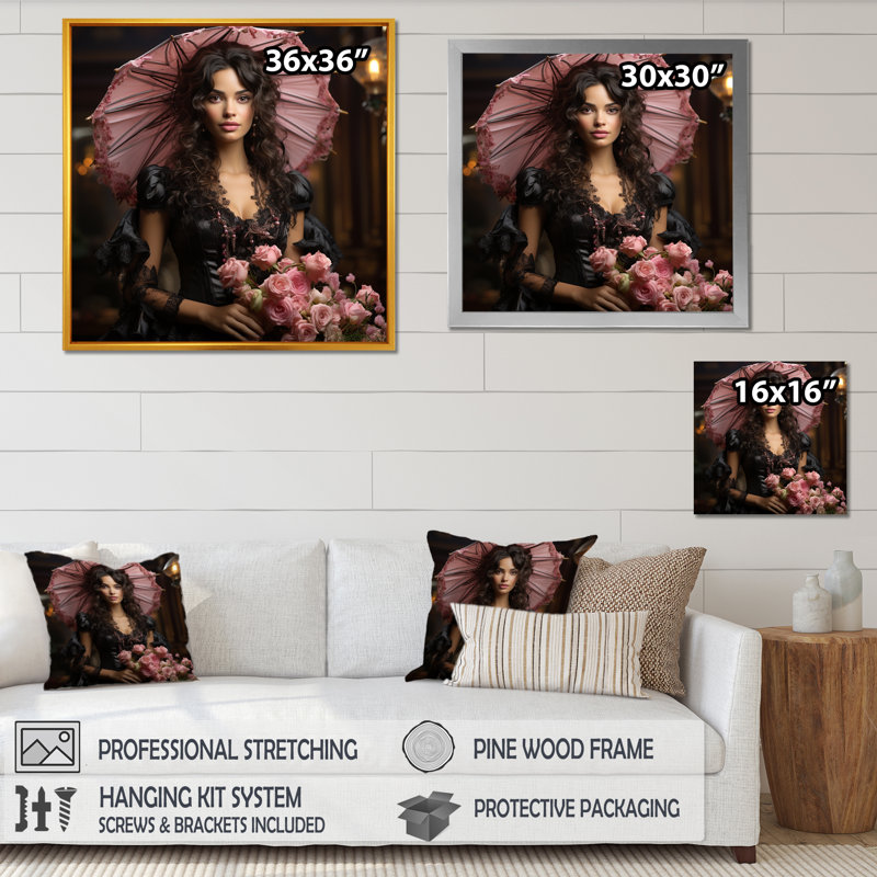 Femme victorienne rose et noire avec parapluie III - Art mural victorien, Cadre simple noir, H 16 po x l 16 po x P 1 po