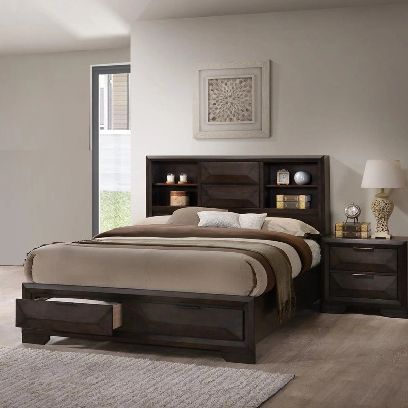 Ensemble de chambre à coucher moderne et fonctionnel avec rangement HB FB et 2 tables de chevet espresso 3 pièces