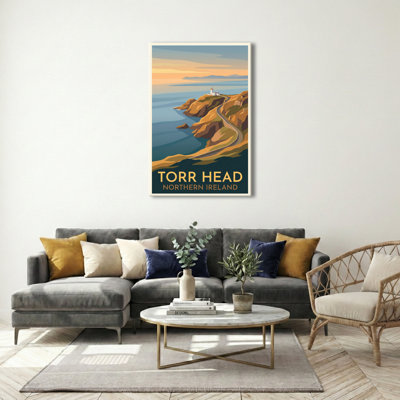 Torr Head, Northern Ireland - Romantic Coastal Travel Poster Of Lighthouse And Cliffs. Giclee Print On Wrapped Canvas. Wall Art, Home Decor - Natural Landmarks, Northern Ireland - Wrapped Canvas Print