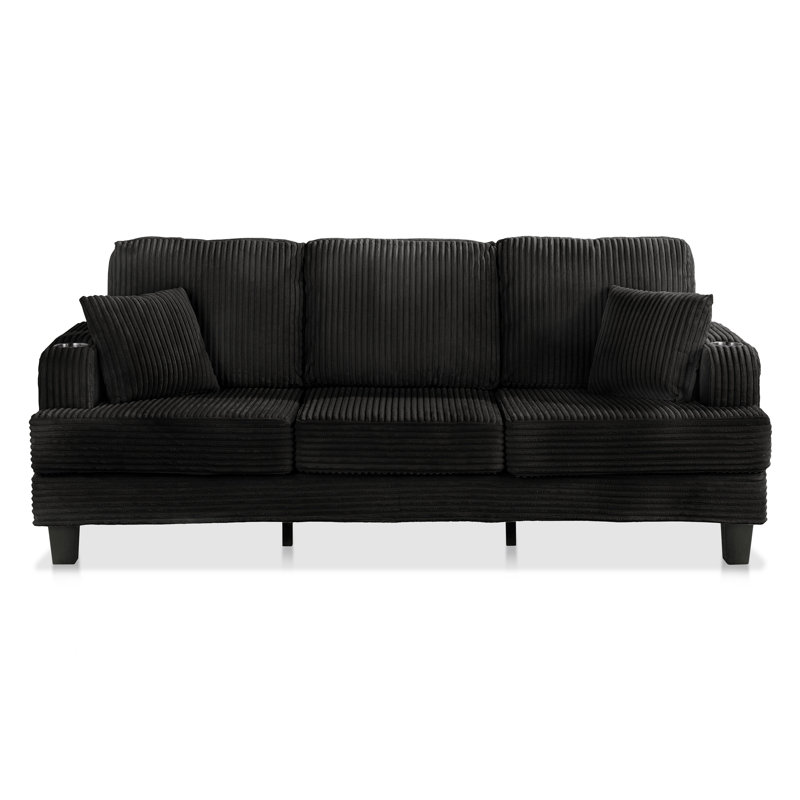 Luka Chenille Sofa With Cup Holders And Usb Ports, Black, 35.3" H x 84.3" W x 34" D