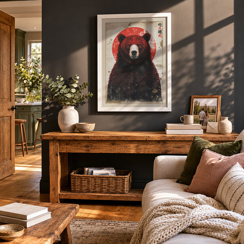 Bear Under Moon Japandi - Framed Print, A4 - 29.7 x 21.0 cm, White