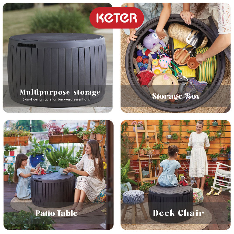 Brown Circular Resin Patio Deck Storage Box with Wood Texture