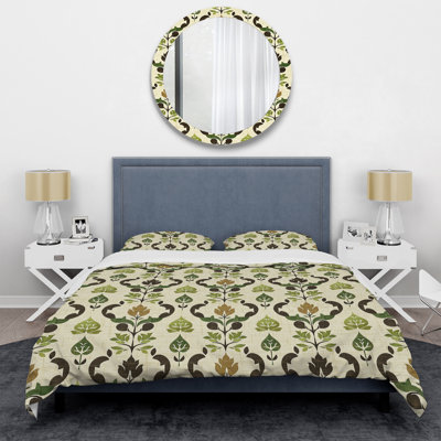 Ensemble de housse de couette moderne à motif de treillis vert et beige I