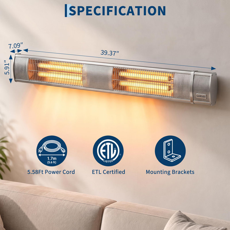 Chauffe-terrasse d'extérieur résistant aux intempéries 3000W avec élément en fibre de carbone pour patio - Argent métallique
