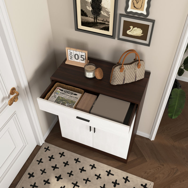 Shoe Cabinet, 4Tier Shoe Rack Organizer With 1 Drawer, Freestanding Wooden Shoe Storage Cabinet With 2 White Door & Adjustable Shelves For Entryway Hallway