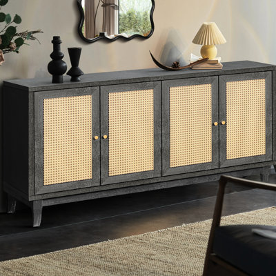 Handcrafted Sideboard With 4 Doors, Living Room Adjustable Shelf Storage, Antique Dark Gray Cabinet Table Cabinet, Storage Console Table, Grain Panels, Shelves,