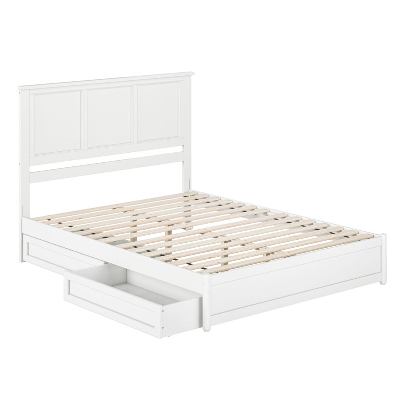 Lit plateforme avec rangement en bois massif Ashante avec pied de lit et tiroirs sous le lit, Queen, Blanc
