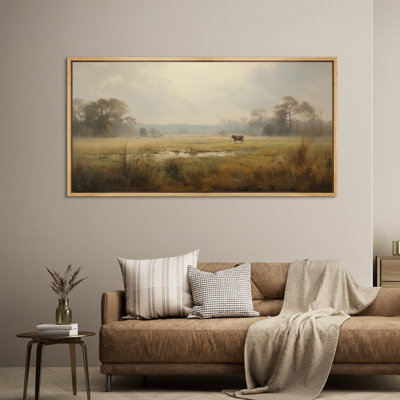 «Rustic Countryside Farm Landscape with Grazing Cow Vintage», reproduction d'art sur toile encadrée