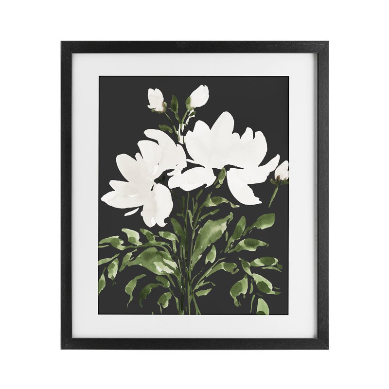 Imprimé floral blanc sur fond noir sous verre, design par Lucille Price, Cadre noir minuit, H 16 po x l 13 po