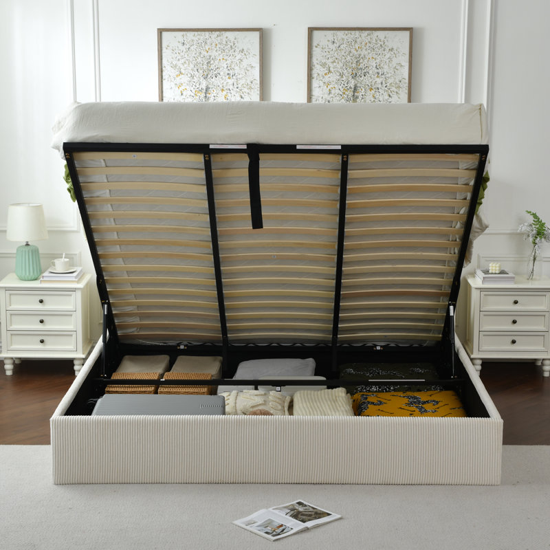 Lit plateforme tapissier avec rangement Lugent, California King, Blanc