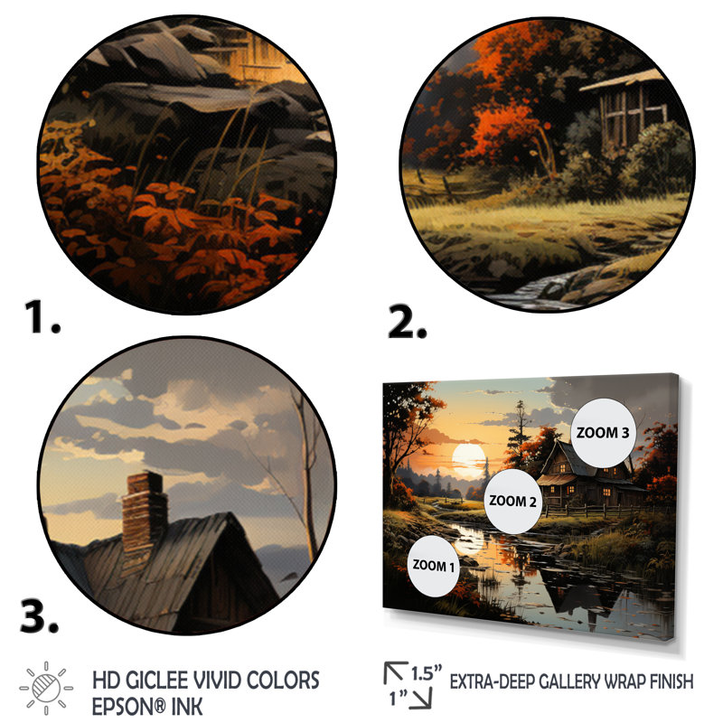 Country Charm Evening Glow, reproduction d'art sur toile, H 30 po x l 40 po, Cadre flottant brun