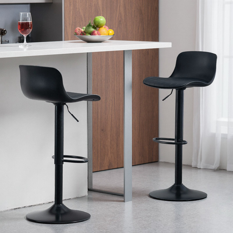 Modern Gray PU Leather Bar Stools Set of 2 with Swivel, Height Adjustment, and Ergonomic Back, Black