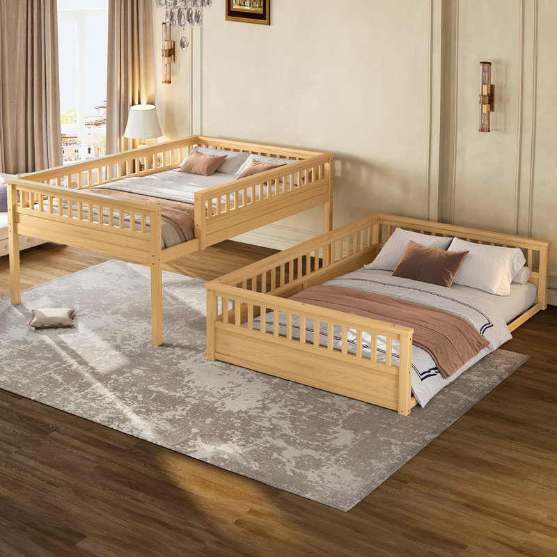 Lit superposé grand sur grand avec échelle et barrières de sécurité, lit en bois naturel pour enfants, Grand sur grand