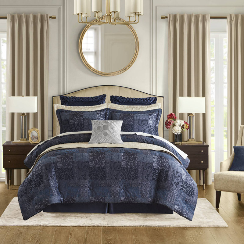 Ensemble d'édredon 4 pièces bleu marine, Édredon pour grand lit + 2 taies décoratives