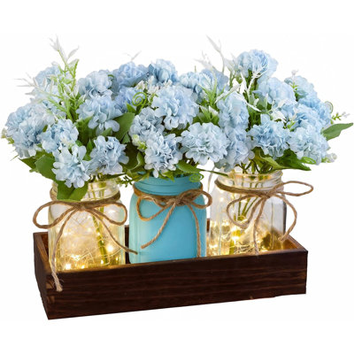 Mason Jar Lights Centerpiece With Farmhouse Wood Tray – 3 Jars With Blue Hydrangea Flowers, Rustic Spring Table Decoration For Dining, Coffee Table, Kitchen & Living Room