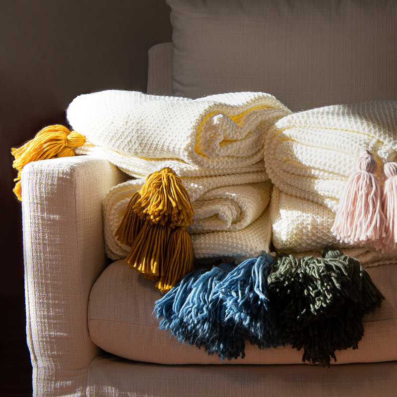 Mustard and Cream Acrylic Knit Throw with Tassels