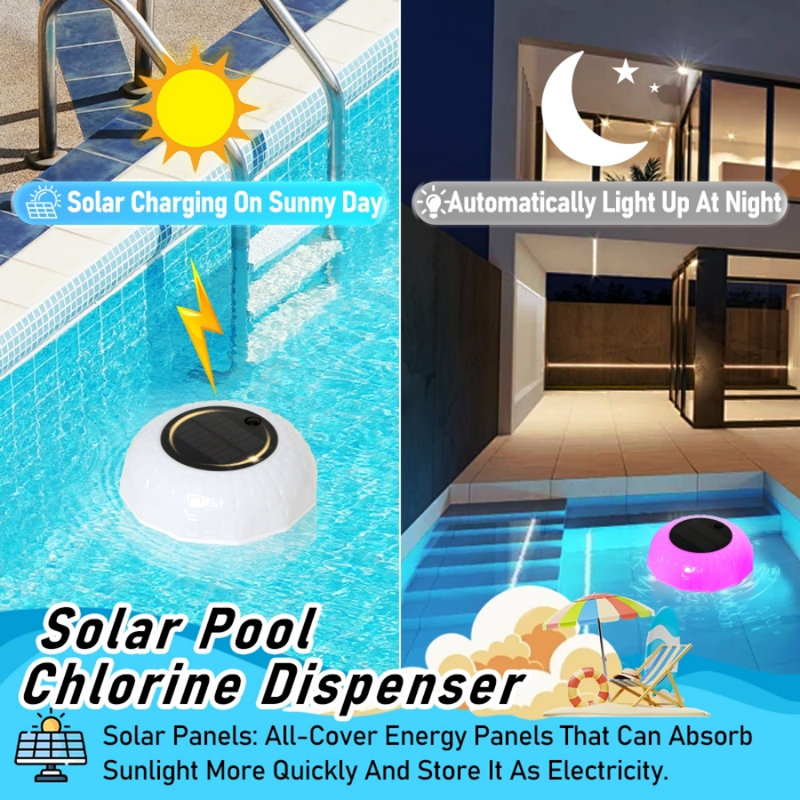 Flotteur solaire à chlore pour piscine avec lumières DEL multicolores et télécommande, anti-chute, tablette réglable pour piscines, spas et spas